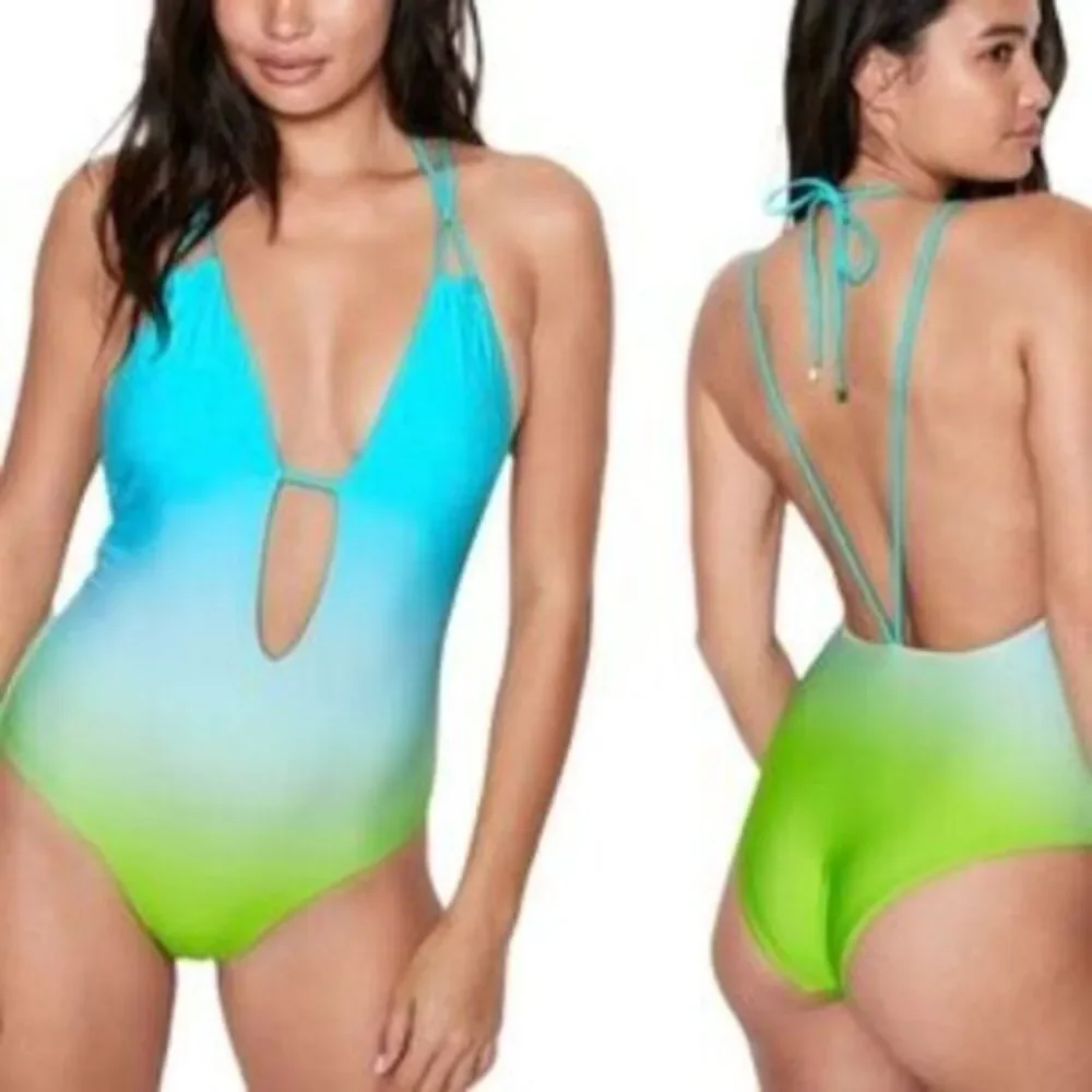 NWT VICTORIA’S SECRET BLUE OMBRE DEEP‎ V STRAPPY PADDED ONE PIECE SWIMSUIT M